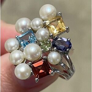 *ROSS-SIMONS* STERLING 925 CULTURED PEARL GEM TOPAZ GARNET TANZANITE RING